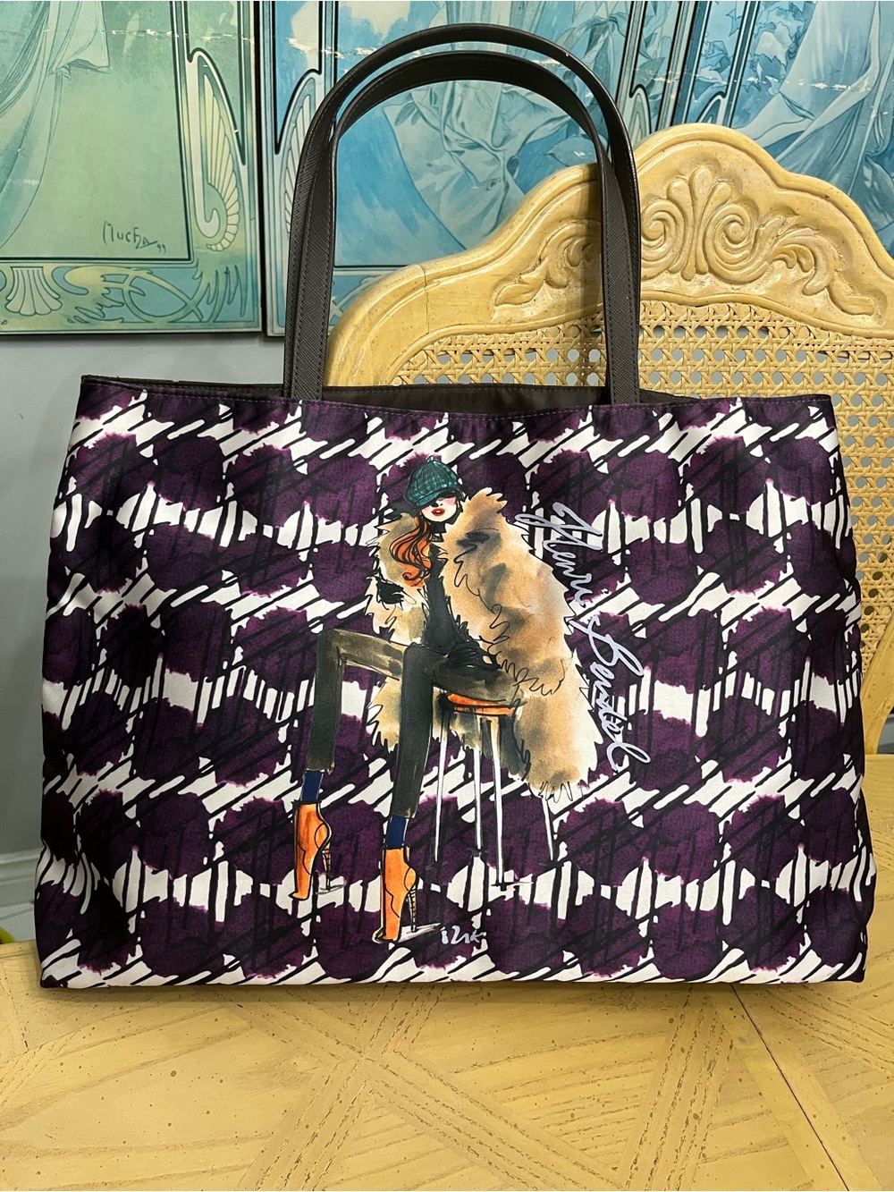 Henri Bendel Purple and Black Izak Fashion-Illustration Tote Bag Handbag